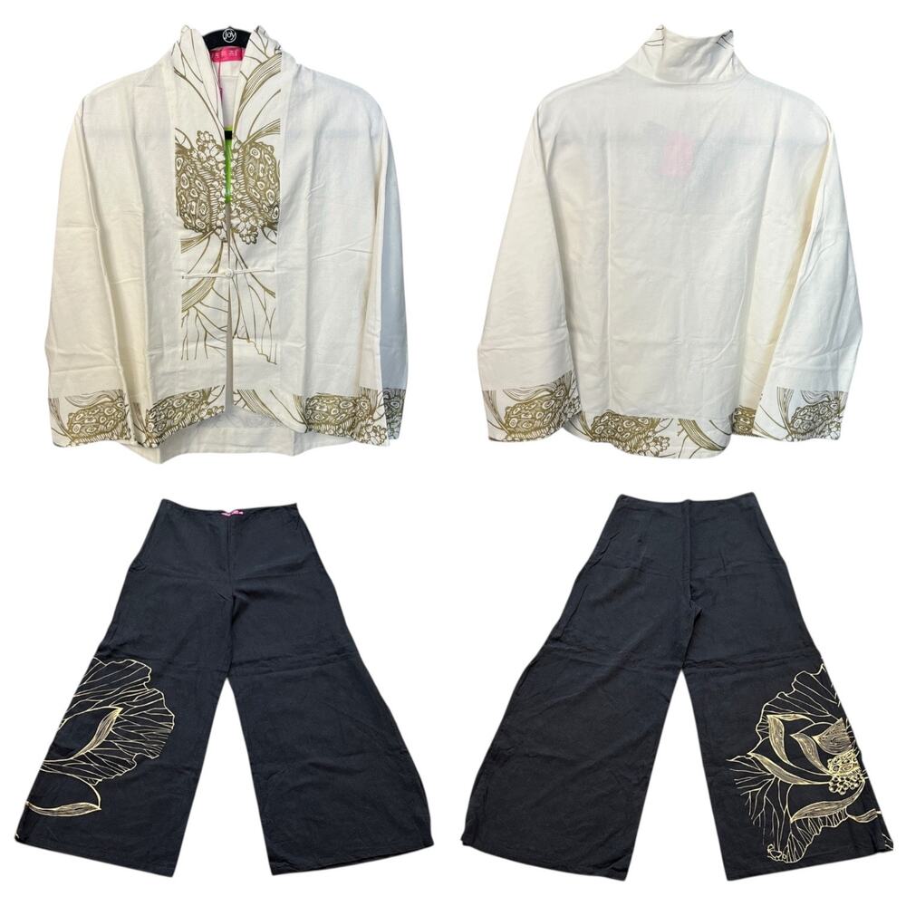 Jixiangzhai Mascot Lotus Print Set Kimono Style Top and Wide Leg Pants - L/XL